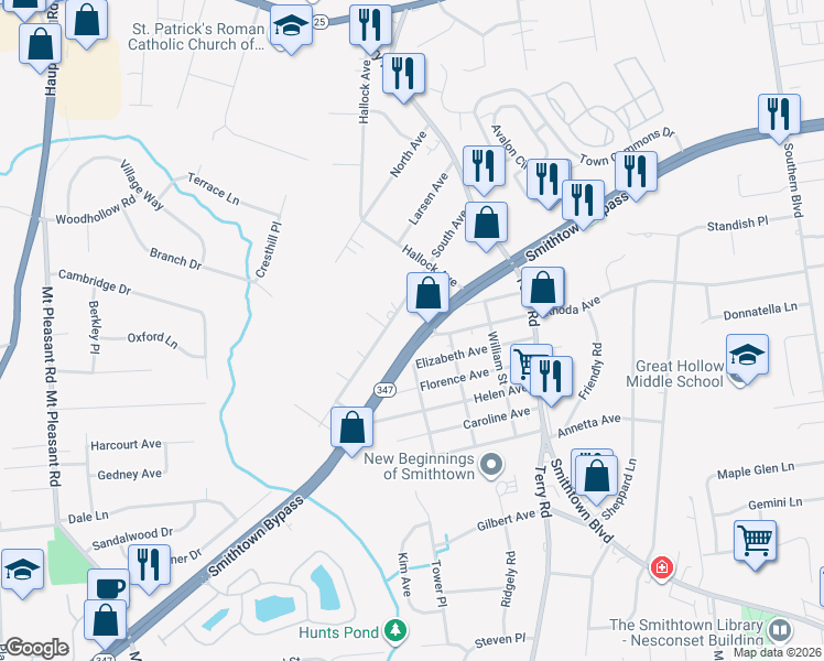 map of restaurants, bars, coffee shops, grocery stores, and more near 25 South Avenue in Smithtown