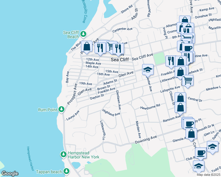 map of restaurants, bars, coffee shops, grocery stores, and more near 17 Glenlawn Avenue in Sea Cliff