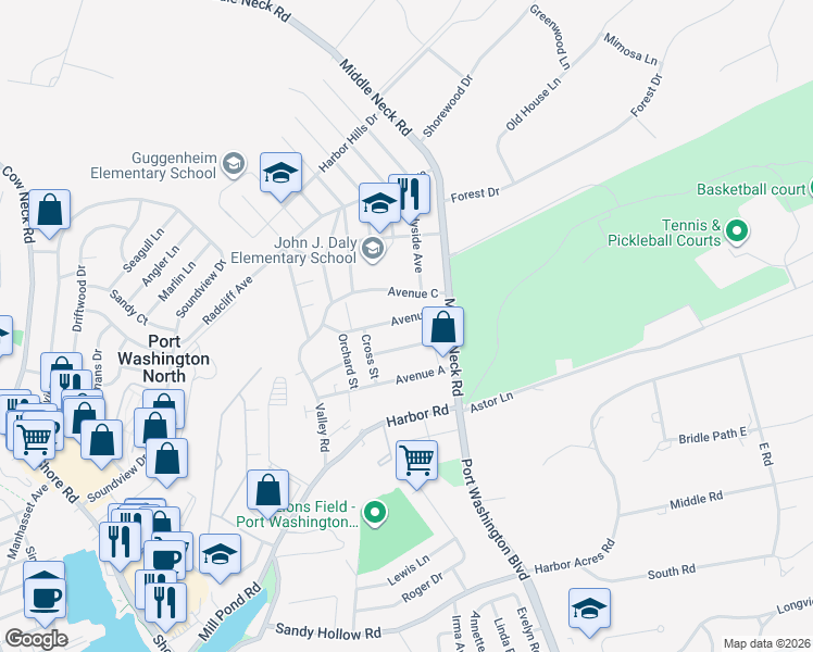 map of restaurants, bars, coffee shops, grocery stores, and more near 111 Avenue C in Port Washington