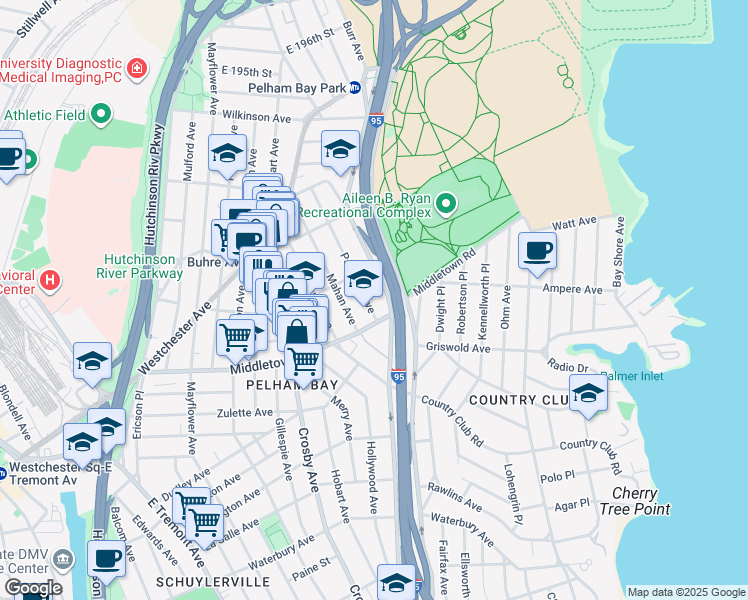 map of restaurants, bars, coffee shops, grocery stores, and more near 3439 Bruckner Boulevard in Bronx