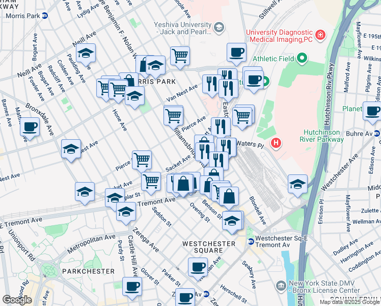 map of restaurants, bars, coffee shops, grocery stores, and more near 1562 Williamsbridge Road in The Bronx