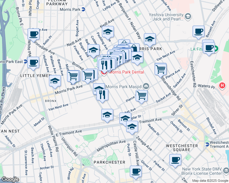 map of restaurants, bars, coffee shops, grocery stores, and more near 994 Van Nest Avenue in The Bronx