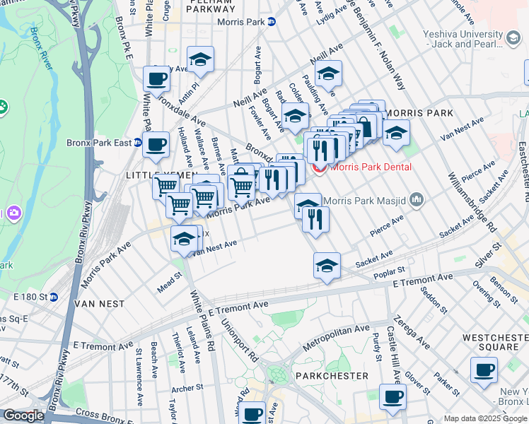 map of restaurants, bars, coffee shops, grocery stores, and more near 869 Morris Park Avenue in The Bronx