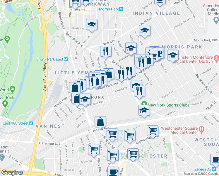 map of restaurants, bars, coffee shops, grocery stores, and more near 839 Morris Park Avenue in The Bronx