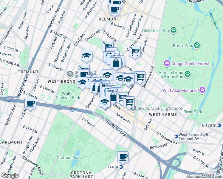 map of restaurants, bars, coffee shops, grocery stores, and more near 2012 Clinton Avenue in The Bronx