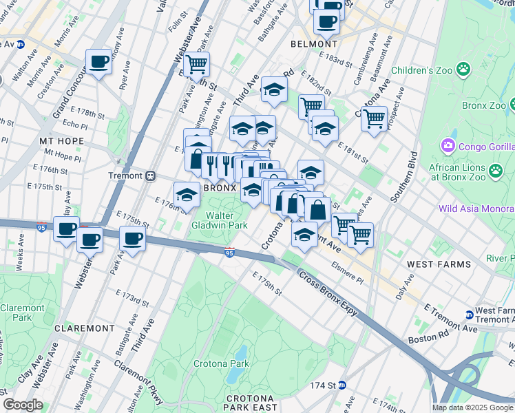 map of restaurants, bars, coffee shops, grocery stores, and more near in The Bronx