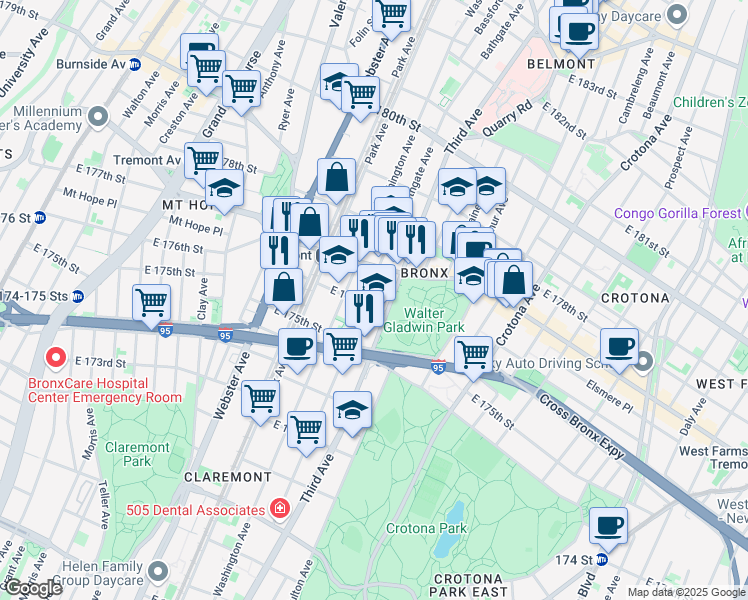 map of restaurants, bars, coffee shops, grocery stores, and more near in The Bronx