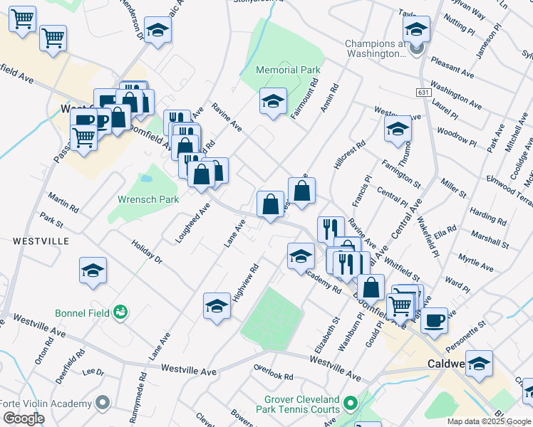 map of restaurants, bars, coffee shops, grocery stores, and more near 551 County Road 506 in West Caldwell