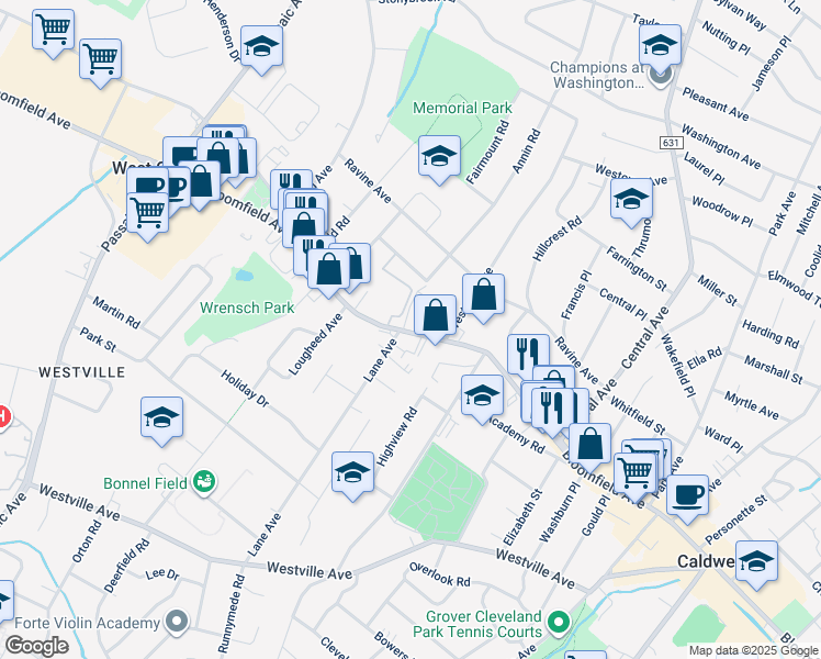 map of restaurants, bars, coffee shops, grocery stores, and more near 551 County Road 506 in West Caldwell