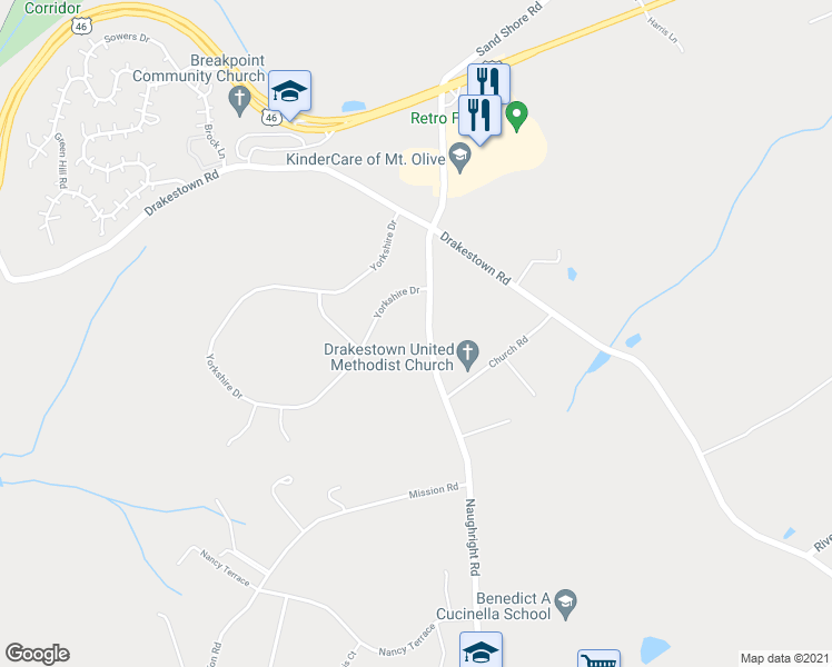 map of restaurants, bars, coffee shops, grocery stores, and more near 2 Yorkshire Drive in Hackettstown