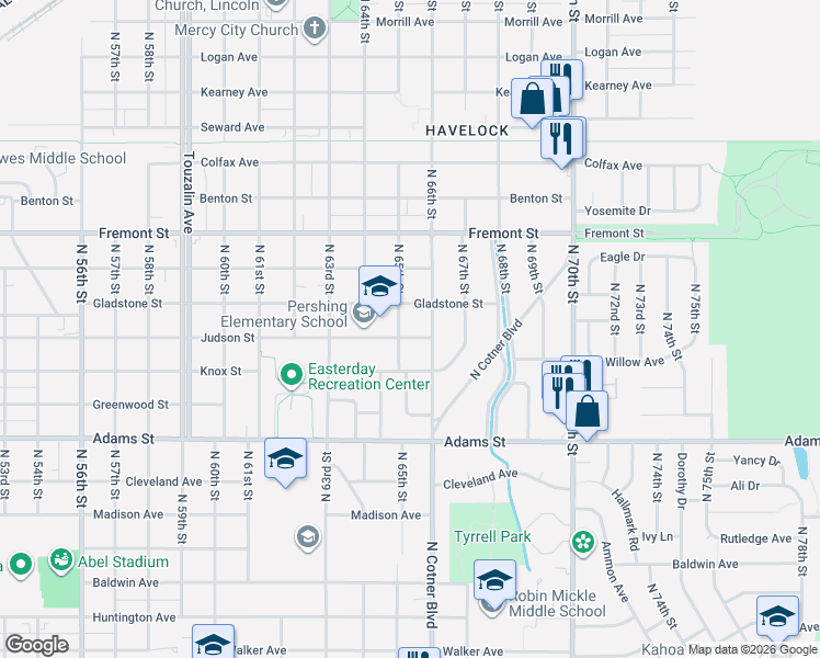 map of restaurants, bars, coffee shops, grocery stores, and more near 6501 Gladstone Street in Lincoln