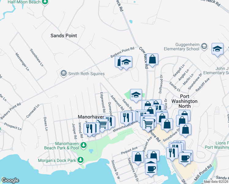 map of restaurants, bars, coffee shops, grocery stores, and more near 12 Morewood Oaks in Port Washington