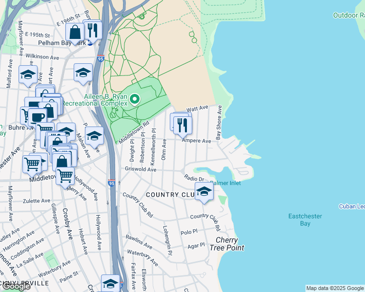 map of restaurants, bars, coffee shops, grocery stores, and more near 3233 Ampere Avenue in Bronx