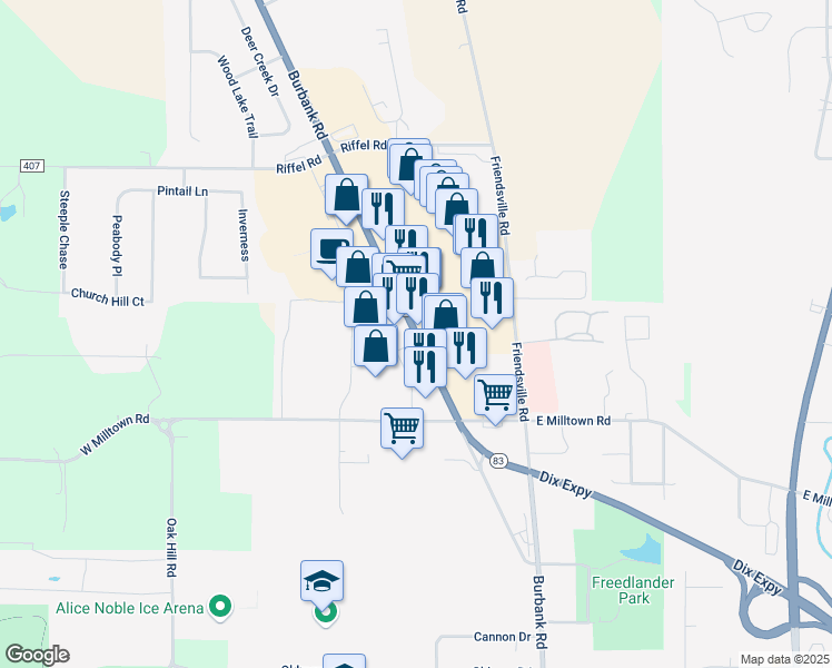 map of restaurants, bars, coffee shops, grocery stores, and more near 3792 Burbank Road in Wooster