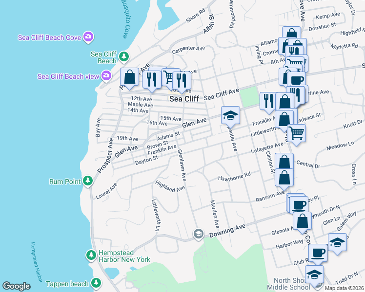 map of restaurants, bars, coffee shops, grocery stores, and more near 17 Glenlawn Avenue in Sea Cliff