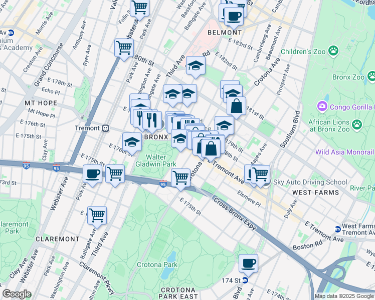 map of restaurants, bars, coffee shops, grocery stores, and more near in The Bronx