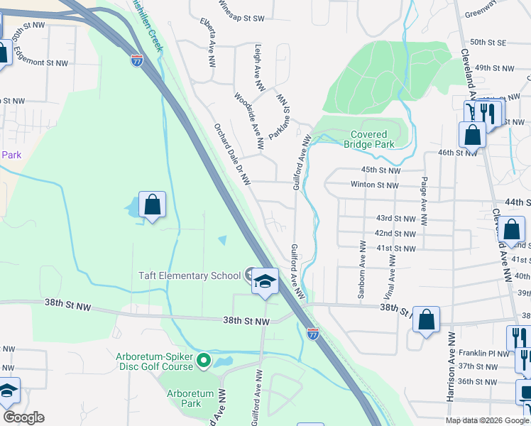 map of restaurants, bars, coffee shops, grocery stores, and more near 3125 Denne Drive Northwest in Canton