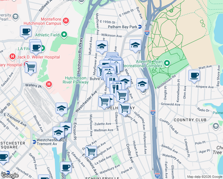 map of restaurants, bars, coffee shops, grocery stores, and more near 1752 Crosby Avenue in The Bronx