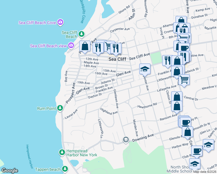map of restaurants, bars, coffee shops, grocery stores, and more near 230 Franklin Avenue in Sea Cliff