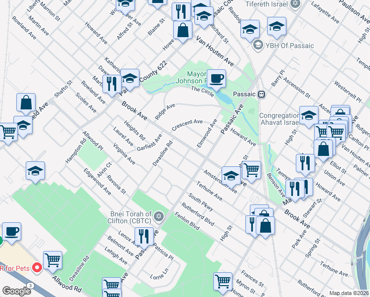 map of restaurants, bars, coffee shops, grocery stores, and more near 368 Brook Avenue in Passaic
