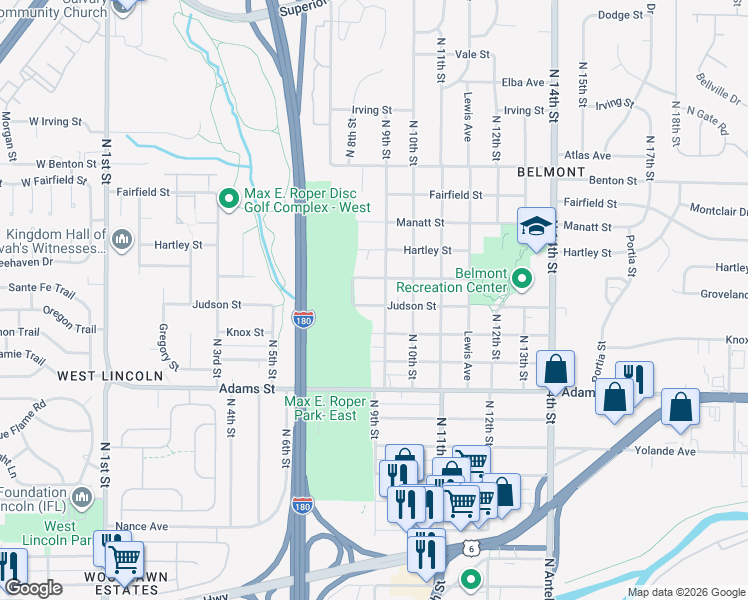 map of restaurants, bars, coffee shops, grocery stores, and more near 801 Groveland Street in Lincoln