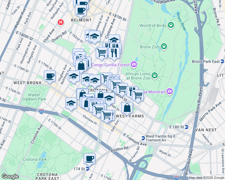 map of restaurants, bars, coffee shops, grocery stores, and more near 2100 Crotona Parkway in Bronx