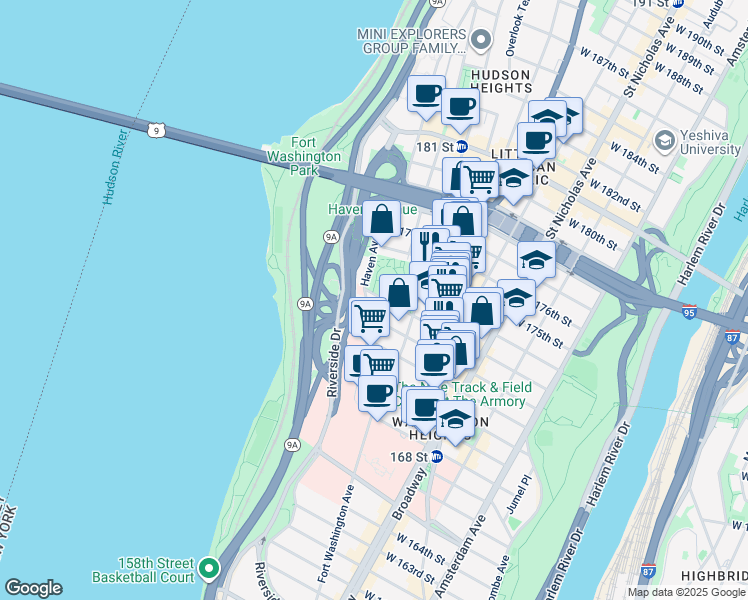 map of restaurants, bars, coffee shops, grocery stores, and more near 139 Haven Avenue in New York