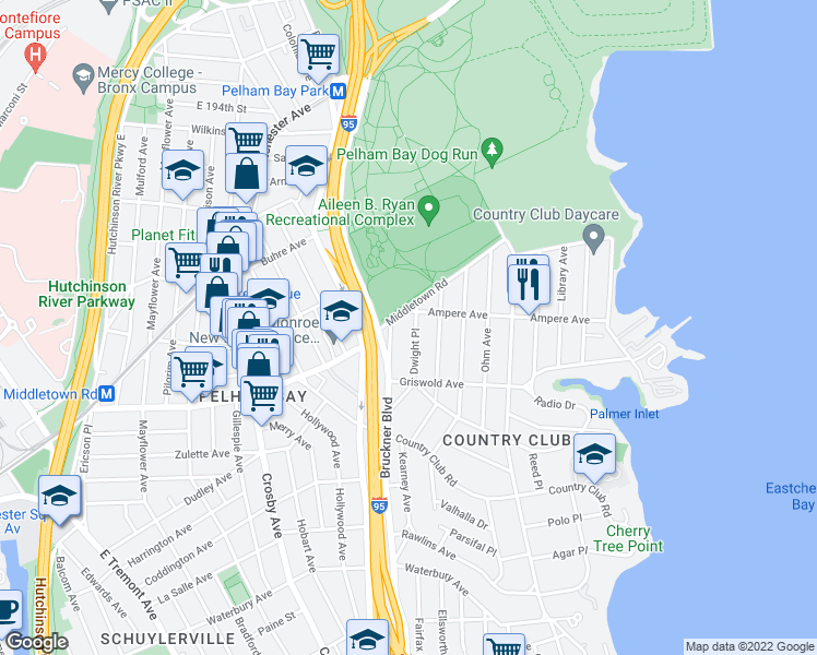 map of restaurants, bars, coffee shops, grocery stores, and more near 1555 Dwight Place in Bronx