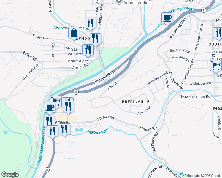 map of restaurants, bars, coffee shops, grocery stores, and more near 14 High Street in Lyndora