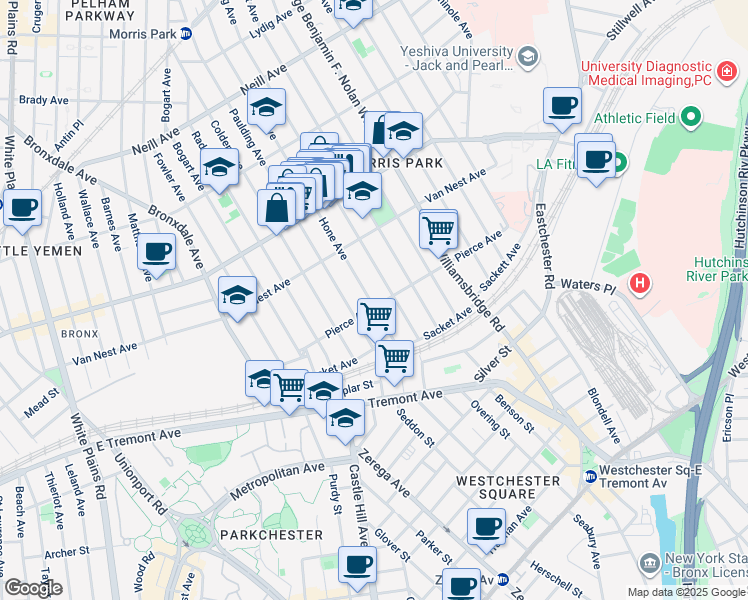 map of restaurants, bars, coffee shops, grocery stores, and more near 1628 Hone Avenue in Bronx