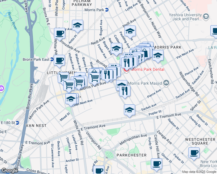 map of restaurants, bars, coffee shops, grocery stores, and more near 869 Morris Park Avenue in The Bronx