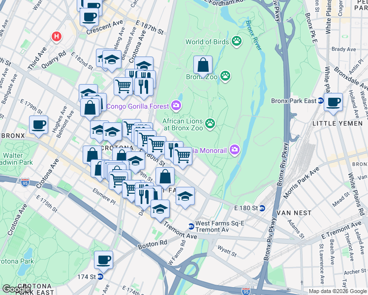 map of restaurants, bars, coffee shops, grocery stores, and more near 900 Bronx Park South in Bronx