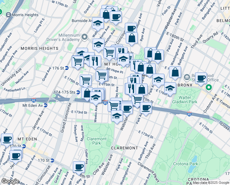 map of restaurants, bars, coffee shops, grocery stores, and more near in The Bronx