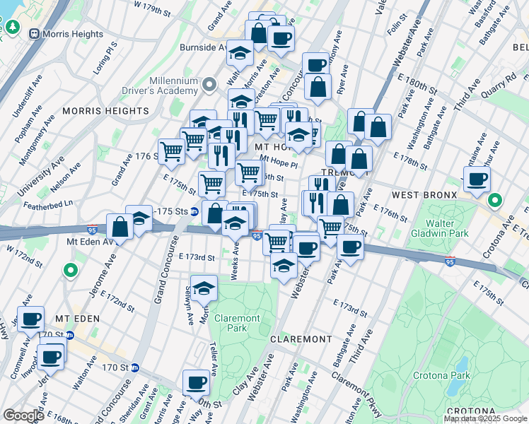 map of restaurants, bars, coffee shops, grocery stores, and more near 1785 Monroe Avenue in Bronx