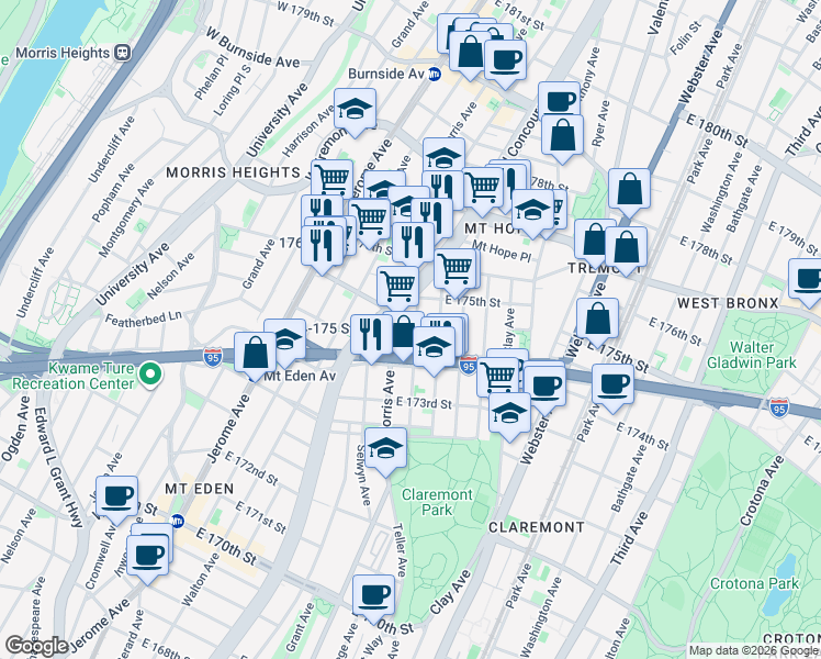 map of restaurants, bars, coffee shops, grocery stores, and more near 1780 Eastburn Avenue in Bronx