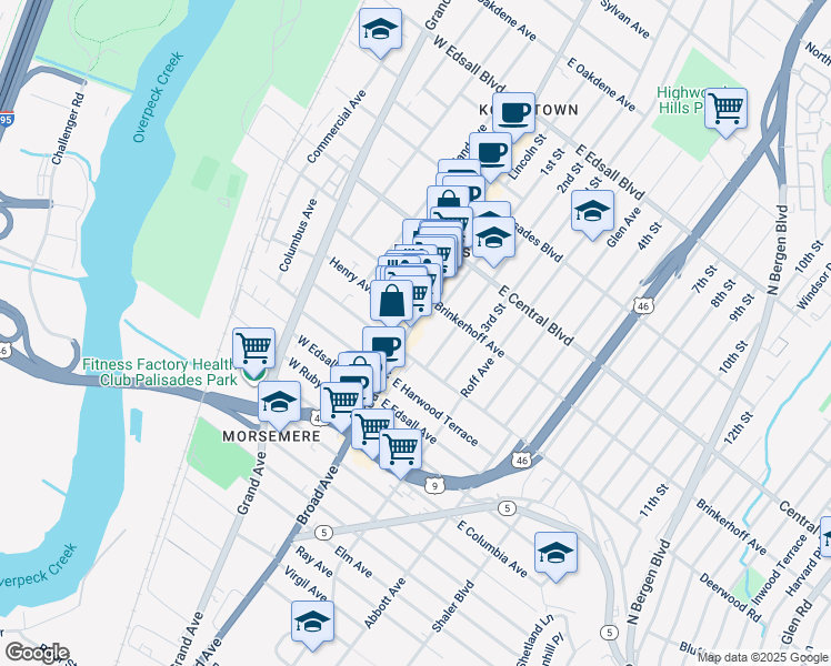 map of restaurants, bars, coffee shops, grocery stores, and more near 225 Broad Avenue in Palisades Park