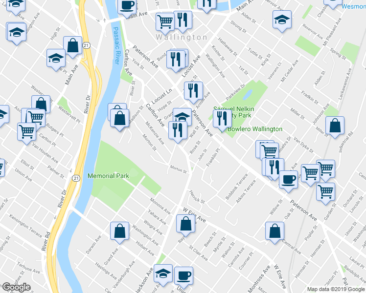 map of restaurants, bars, coffee shops, grocery stores, and more near 41 Wall Street in East Rutherford