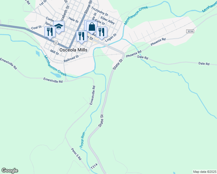 map of restaurants, bars, coffee shops, grocery stores, and more near in Osceola Mills