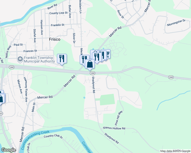map of restaurants, bars, coffee shops, grocery stores, and more near 263 Pennsylvania 288 in Ellwood City