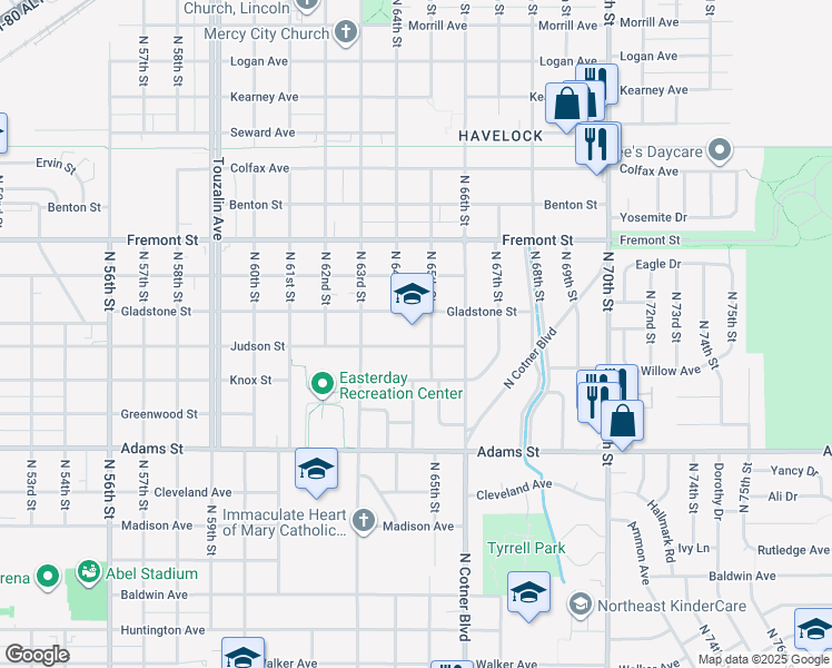 map of restaurants, bars, coffee shops, grocery stores, and more near 6344 Gladstone Street in Lincoln