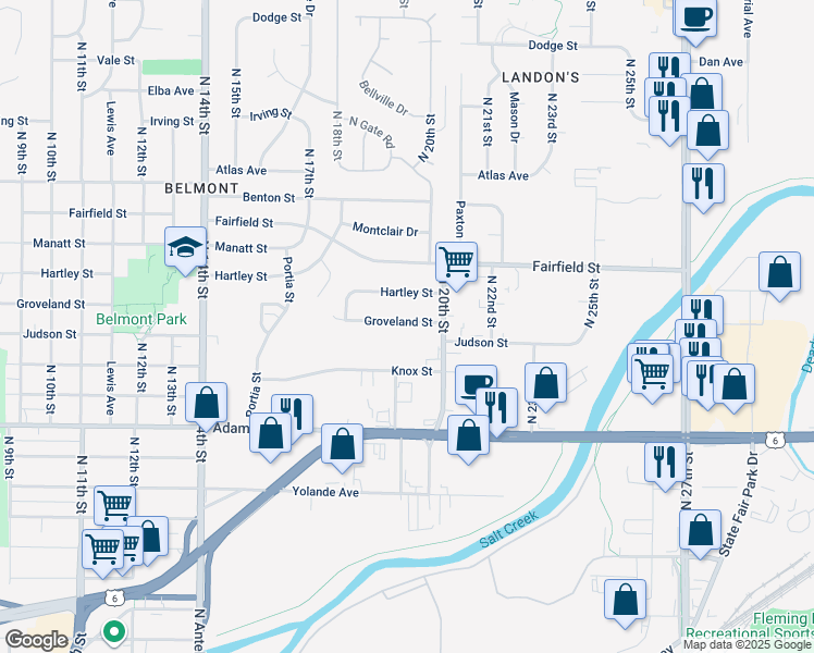 map of restaurants, bars, coffee shops, grocery stores, and more near 1923 Hartley Street in Lincoln
