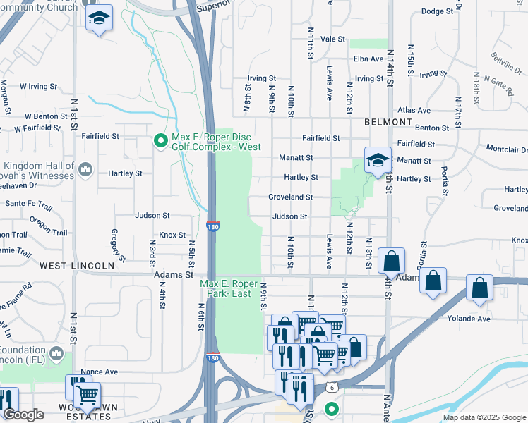 map of restaurants, bars, coffee shops, grocery stores, and more near 801 Groveland Street in Lincoln