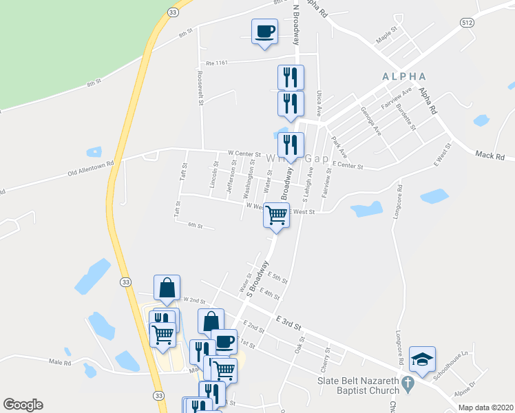 map of restaurants, bars, coffee shops, grocery stores, and more near 130 W West St in Wind Gap