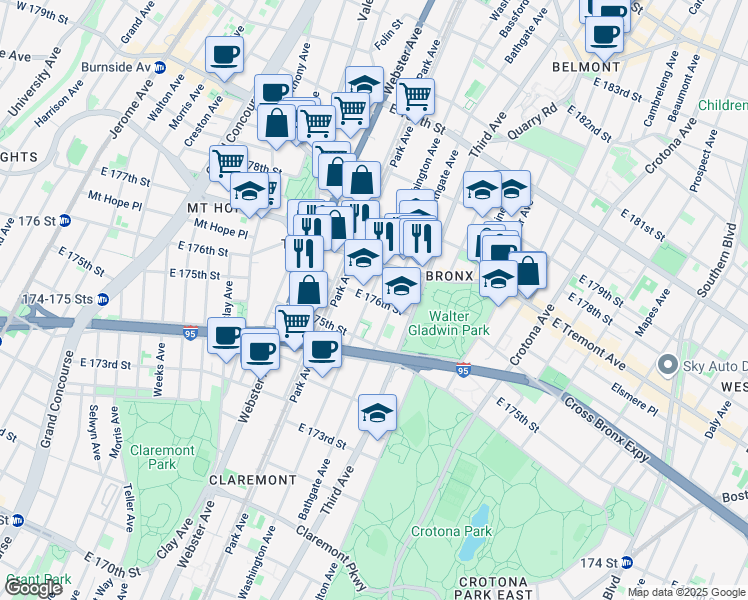 map of restaurants, bars, coffee shops, grocery stores, and more near 1883 Washington Avenue in Bronx