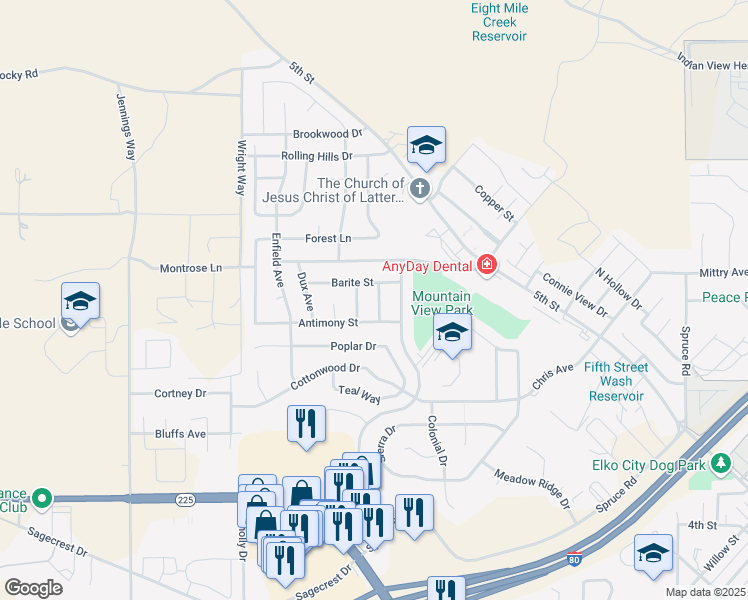 map of restaurants, bars, coffee shops, grocery stores, and more near 3355 Bell Avenue in Elko