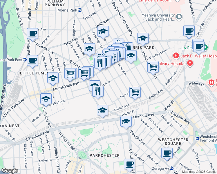 map of restaurants, bars, coffee shops, grocery stores, and more near 994 Van Nest Avenue in The Bronx
