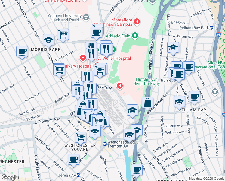 map of restaurants, bars, coffee shops, grocery stores, and more near 1200 Waters Place in The Bronx
