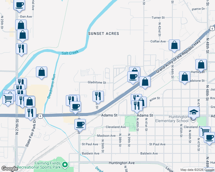 map of restaurants, bars, coffee shops, grocery stores, and more near 3600 Gladstone Street in Lincoln