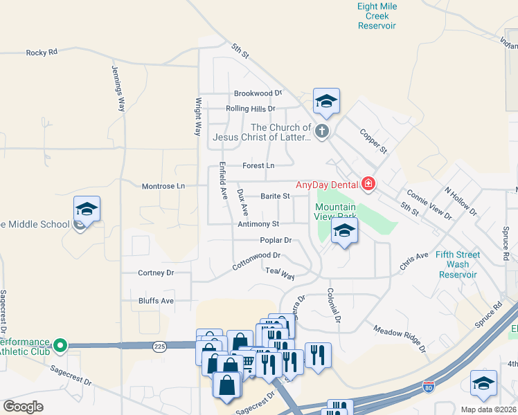 map of restaurants, bars, coffee shops, grocery stores, and more near 350 Antimony Circle in Elko