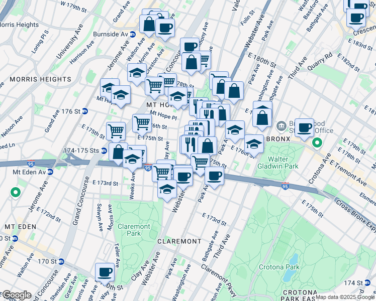 map of restaurants, bars, coffee shops, grocery stores, and more near 1806 Anthony Avenue in The Bronx